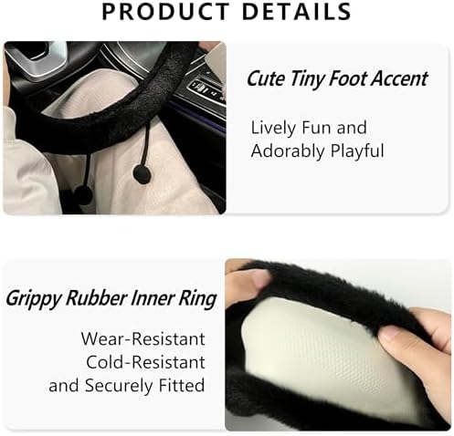 Car Headrest Pillow & Steering Wheel Cover Set with Cute Big-Eyed Furball Travel Neck Support Pillow Fur Car Interior Accessory (Black 3Pcs Set) - Image 4