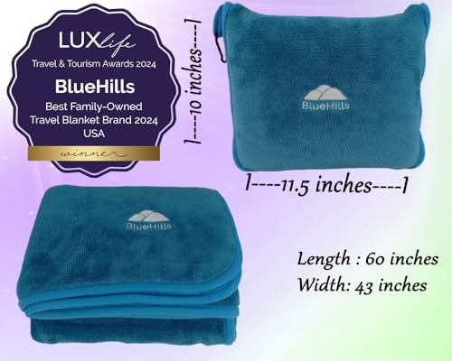 BlueHills Travel Blanket Pillows for Two Airplane Traveling Essentials Flight Throws in Bag case with Backpack Clip Compact Large Plane Accessories –Teal Blue and Beige - Image 4