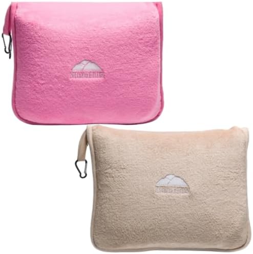 BlueHills Premium Soft Travel Blanket Pillow Value Pack Set of 2 Airplane Flight Blanket Throw in Carry Case with Luggage Belt & Backpack Clip, Travel Must Haves for Frequent Flyers, Pink & Beige by BlueHills