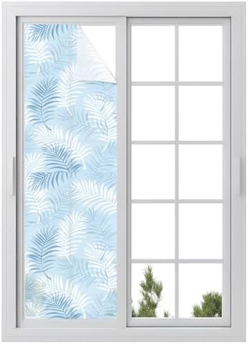 Window Privacy Film Frosted, Light Blue Botanical Reusable Static Cling Window Tints, Summer Palm Leaves Foliage Tropical Heat Control Windows Films for Offices, Balcony, 29.5 x 118 Inches by Unknown