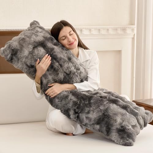 ZonLi Fluffy Body Pillow for Adults, Fuzzy Faux Fur Long Pillow with Shredded Memory Foam, Adjustable Support for Side Sleepers, Gifts, 20 x 54 Inch, Dark Grey by Zonli