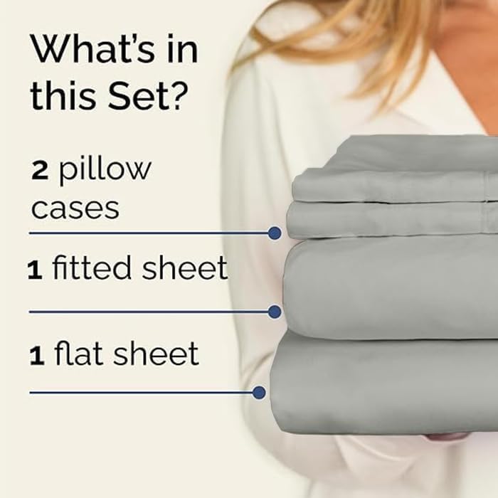 ARlinen Full Sheet Set, 4 Piece Egyptian Cotton, 10-Inch Deep, Light Grey - Image 2