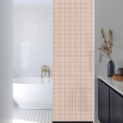 Window Privacy Film Frosted, Cream Buffalo Plaid Reusable Static Cling Window Tints, Modern Farmhouse Peach Pink Checkered Heat Control Windows Films for Offices, Balcony, 29.5 x 118 Inches - Image 3