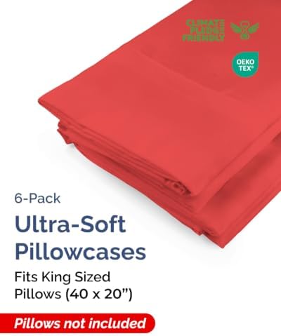 King Pillow Cases - 6 Pack Super Soft Pillowcase Covers - 20" x 40" (Red) - Image 2