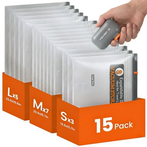 Vacuum Bags for Clothing Travel with Rechargeable Electric Pump, 15 Pack Compression Vacuum Storage Bags for Luggage and Seasonal Storage, Space Saver Seal Bags for Cruise and Vacation by Foxmoon