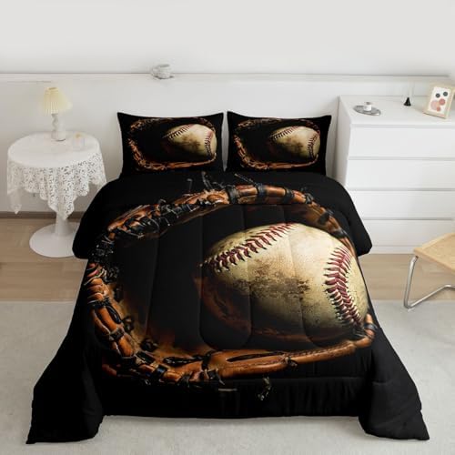 Erosebridal Baseball Comforter Set Full Size Sports Game Bedding Baseball Player Duvet Insert for Kids Boys Teens Retro Style Quilt for Room Dorm Decorative, Brown Down Comforter - Image 2