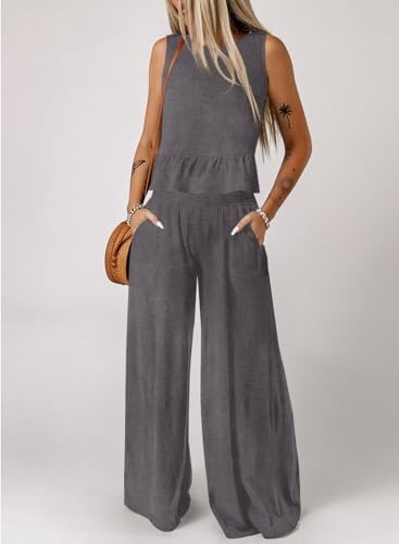 Dokotoo Womens 2 Piece Outfits Tank Tops Elastic Waist Wide Leg Pants Sets - Image 3