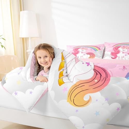 Erosebridal Unicorn Girls Bedding Set Toddler | Kids Rainbow Unicorn Comforter Set Kawaii Cute Reversible Stars Butterfly Quilt Comforter Teens Children Adults Cartoon Room Decor All Season,2 Pcs - Image 7