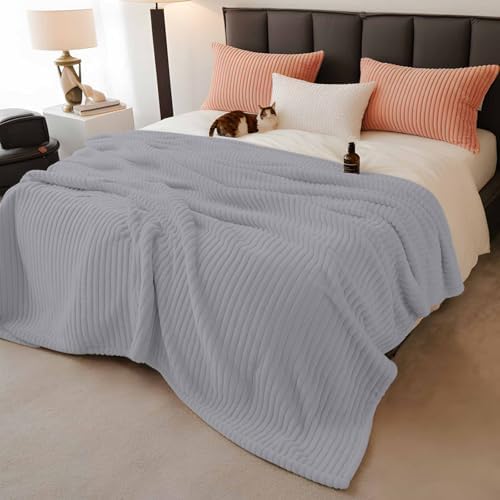 Solid Grey Throw Blanket, Simple Pure Color Fluffy Soft Blankets for Couch Bed Travel, Modern Plush Microfiber Striped Flannel Blankets, Lightweight Sofa Blankets 60"x80" - Image 2