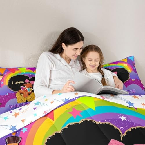 Erosebridal Black Girls King Comforter Set African Princess Bedding Set Dreamy Rainbow Magical Comforter Cute Little Princess Bed Sets for Kids Melanin Bedroom Decor (1 Comforter, 2 Pillowcases) - Image 5