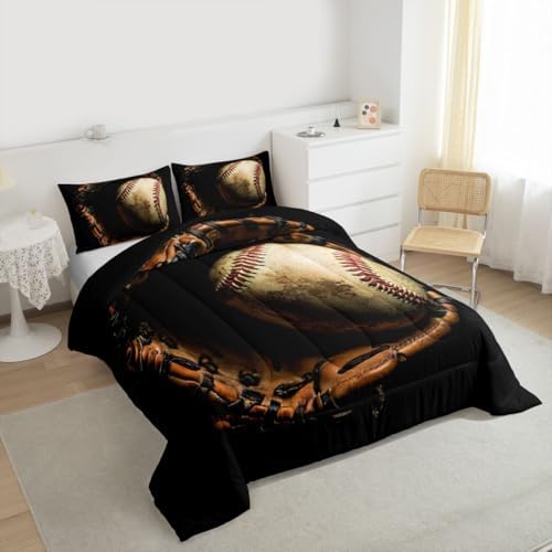 Erosebridal Baseball Comforter Set King Size Sports Game Bedding Baseball Player Duvet Insert for Kids Boys Teens Retro Style Quilt for Room Dorm Decorative, Brown Down Comforter - Image 3