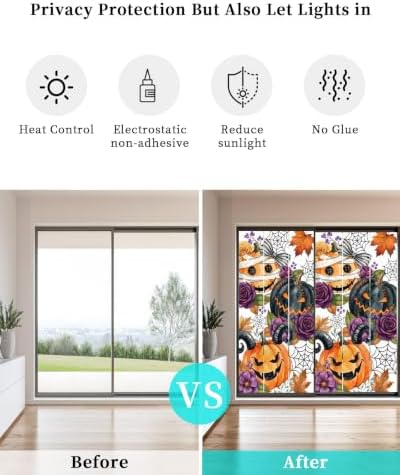 Window Privacy Film Frosted, Pumpkins Halloween Non-Adhesive Static Cling Window Tint, Black Horror Purple Floral Botanical Insulated Windows Frosted Films for Living Room, 35.4 x 78.7 Inches - Image 6