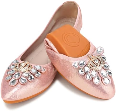 KUNWFNIX Women's Ballet Flats Foldable Classic Crown Rhinestone Slip On Bowknot PU Leather Faux Suede Pointed Toe Comfort Flat Casual Dress Shoes by KUNWFNIX