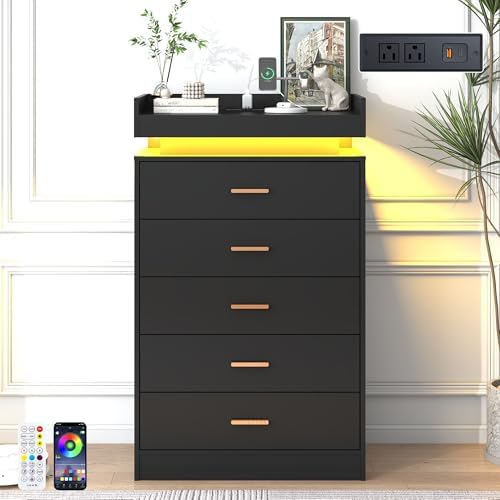 jiteentarou 5 Drawer Dresser with Charging Station and LED Lights, Modern Chest of Drawers with Power Outlet, Organizer Cabinet for Bedroom, Living Room, Entryway, Black - Image 3