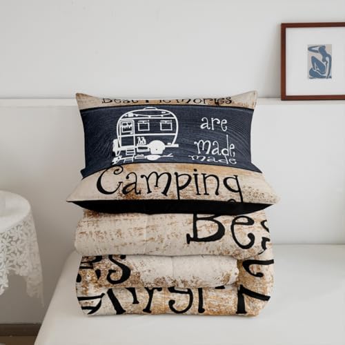 Erosebridal Happy Camping Comforter Full Rustic Camper Rv Comforter Set for Kids Adults Farmhouse Cabin Camper Bedding Set for Bunks,Navy Brown Barn Door Quilt Duvet Insert 2 Pillow Cases - Image 6