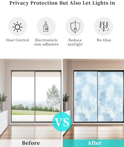 Window Privacy Film Frosted, Light Blue Botanical Static Cling Door Window Covering, Summer Palm Leaves Foliage Tropical UV Blocking Windows Film for Office, Hotel, Bedroom, 29.5 x 78.7 Inches - Image 6