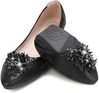KUNWFNIX Women's Ballet Flats Foldable Classic Crown Rhinestone Slip On Bowknot PU Leather Faux Suede Pointed Toe Comfort Flat Casual Dress Shoes by KUNWFNIX