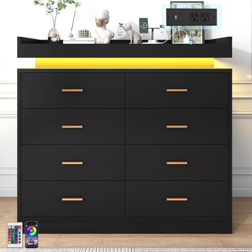 jiteentarou 8 Drawer Dresser with Charging Station and LED Lights, Modern Chest of Drawers with Power Outlet, Organizer Cabinet for Bedroom, Living Room, Black - Image 3