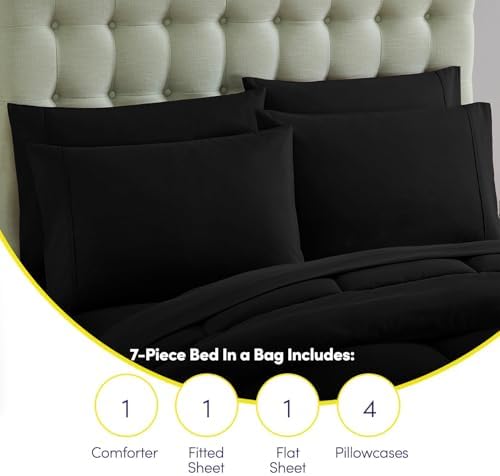 Sweet Home Collection 7 Piece Comforter Set Bag Solid Color All Season Soft Down Alternative Blanket & Luxurious Microfiber Bed Sheets, Black, Queen - Image 6