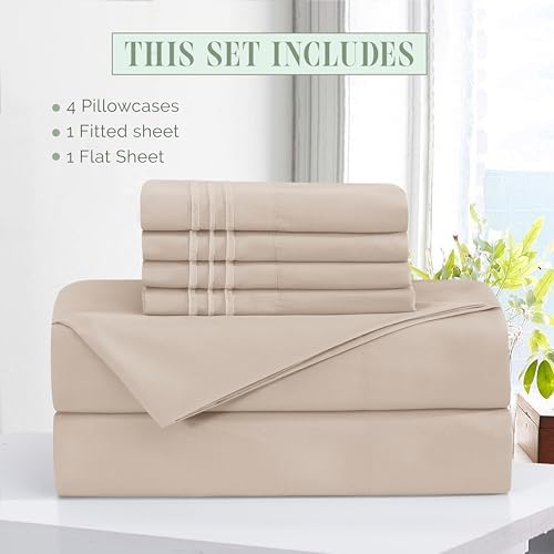 Elegant Comfort Luxury Soft 6-Piece 1500 Premium Hotel Quality Bed Sheet Set with Extra Deep Pockets 18-24 Inch, Wrinkle Free, Storage Pockets, Extra Deep Pocket 6PC Sheets, Queen, Beige - Image 3