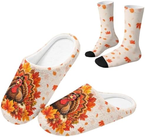 Jeiento Fuzzy Slippers and Crew Sock Set for Women Men Couple Warm Cozy Memory Foam House Shoes Soft Slip-on Slides for Home,Travel by Jeiento