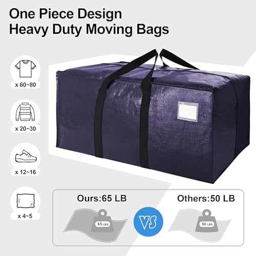 VELVETSURE 12 Pack Heavy Duty Large Moving Bags W/Backpack Straps - Strong Handles & Zippers, Storage Totes, Fold Flat, Alternative to Moving Box and Storage Bin, Semi-Transparent+Blue+Black - Image 5