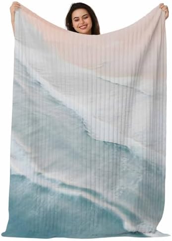 Beach Coastal Boho Throw Blanket, Blue Sea Waves Ocean Fluffy Soft Blankets for Couch Bed Travel, Nautical Gradient Plush Microfiber Striped Flannel Blankets, Lightweight Sofa Blankets 60"x80" by Homechoid