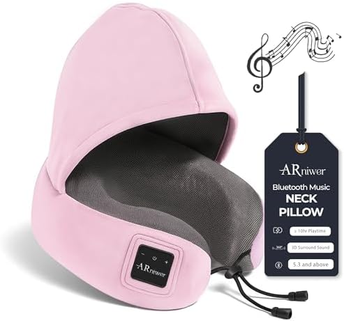 Bluetooth Music Semicircular Neck Pillow with Hood Wireless Bluetooth Speaker Suitable Airplane,Car,Office,and Outdoor Camping for Sleeping, Resting The Best Travel Essentials. (Pink) by ARniwer