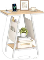HOOBRO End Table, Skinny Side Table with Storage, Narrow Nightstand with Storage, Fabric Pockets, Narrow End Table for Small Spaces, Living Room, Bedroom, White and Natural WN426UBZ01 by HOOBRO