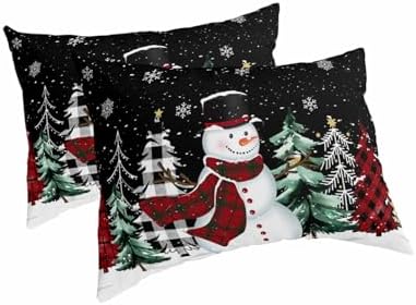 Black Snowman Christmas Pillow Cases Standard Size Set of 2, Xmas Tree Microfiber Bed Throw Pillow Covers, Winter Snowflake Decorative Lumbar Pillow Cover with Envelope Closure for Sofa/Travel 20"x26" - Image 2