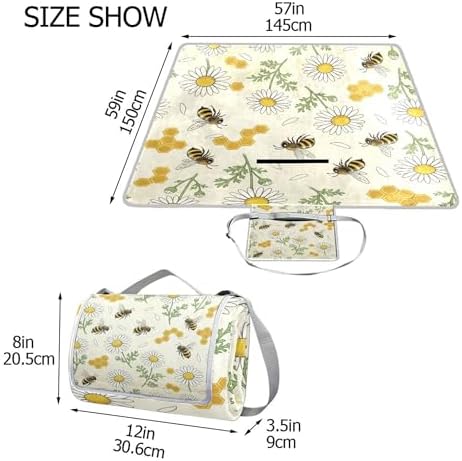 MNSRUU Picnic Blanket Waterproof Foldable, Honey Bee Flower Large Outdoor Picnic Beach Camping Blanket Travel Mat, Shoulder Strap Tote, Rectangle 57x59in - Image 3