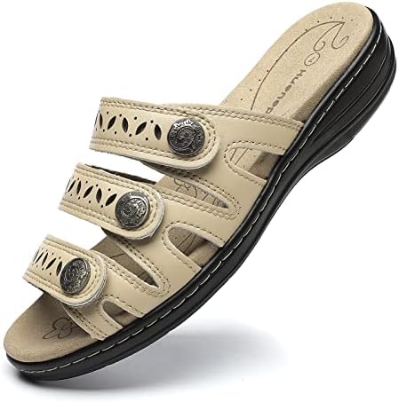 Women's Comfort Leather Slides Lightweight Flat Sandals Cute Slip On Casual Walking Slippers by Hueneph