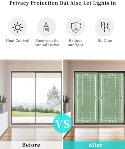 Window Privacy Film Frosted, Olive Green Botanical Static Cling Door Window Covering, Vintage Florals Geometric Minimalist UV Blocking Windows Film for Office, Hotel, Bedroom, 29.5 x 78.7 Inches - Image 6