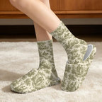 Toile de Jouy Fuzzy Slipper with Socks for Women Cozy Slipper Indoor - Image 2