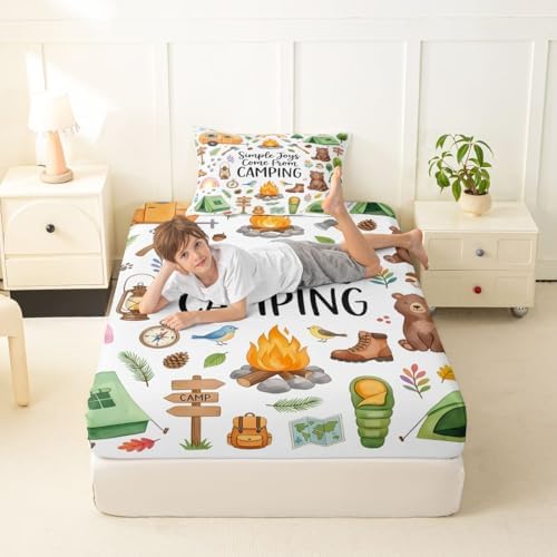 Erosebridal Forest Themed Camping Twin Fitted Sheet for Kids Girls Boys, RV Bunk Camper Outdoor Bedding Sets, Woodland Farmhouse Bear 2-Piece Bed Sheets Set, Travel Trailers Bedroom Decor - Image 3