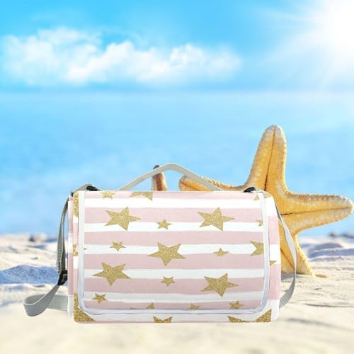 MNSRUU Picnic Blanket Waterproof Foldable, Gold Glittering Stars Large Outdoor Picnic Beach Camping Blanket Travel Mat, Shoulder Strap Tote, Rectangle 57x59in - Image 6