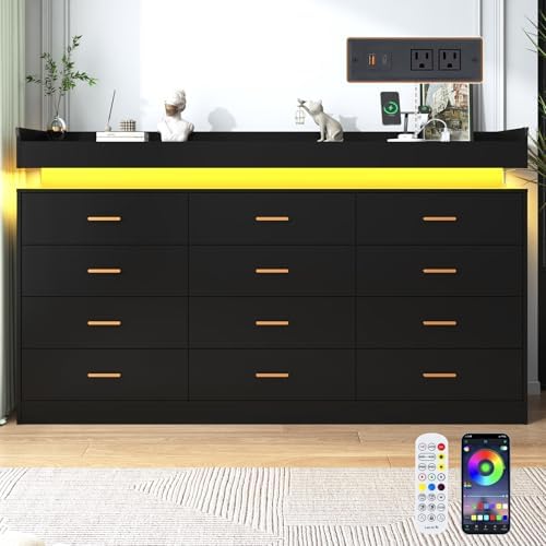 jiteentarou 12 Drawer Dresser with Charging Station and LED Lights, Modern Chest of Drawers with Power Outlet, Organizer Cabinet for Bedroom, Living Room, Entryway, Black - Image 3