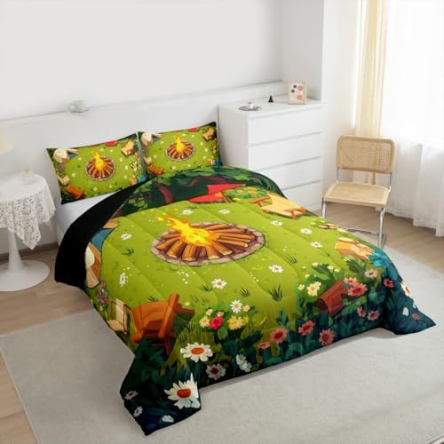 Erosebridal Campfire Comforter Set Camping Tent Toddler Bedding Sets for Boys Girls Kids Woodland Bonfire Comforter Cartoon Trees Stones Quilt Duvet 2 Pcs - Image 3