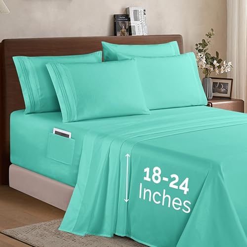 Elegant Comfort 1500 Premium Quality 6-Piece Bed Sheet Set - 18-24 Inch Extra Deep Pocket, Smart Storage Pockets, Wrinkle Free Ultra Soft 6PC Extra Deep Pocket Sheets, Queen, Paradise Teal - Image 2