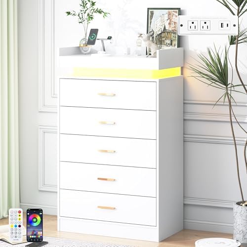 jiteentarou 5 Drawer Dresser with Charging Station and LED Lights, Modern Chest of Drawers with Power Outlet, Organizer Cabinet for Bedroom, Living Room, Entryway, White by jiteentarou