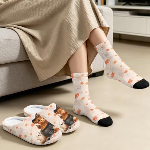 Jeiento Fuzzy Slippers and Crew Sock Set for Women Men Couple Warm Cozy Memory Foam House Shoes Soft Slip-on Slides for Home,Travel - Image 4