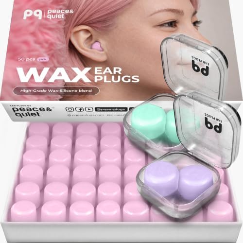 Peace&Quiet PQ Wax Ear Plugs, Silicone Earplugs for Sleep, Pink, 50 Ct by PeaceQuiet