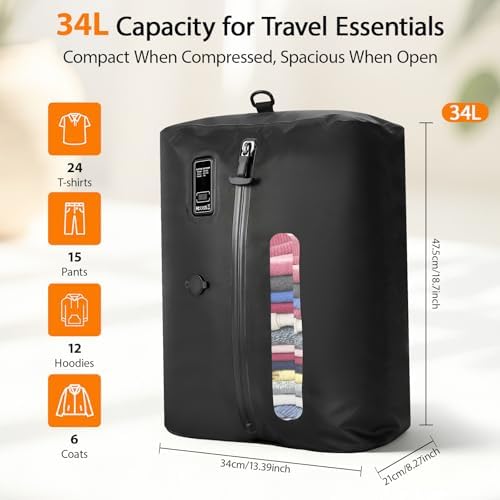 KXB Travel Vacuum Seal Bags with One-Button Suction, 34L Compression Packing Cubes for Carry-On Suitcase & Travel Backpack, Reusable IP67 Waterproof Vacuum Storage Kit for Luggage - Image 6