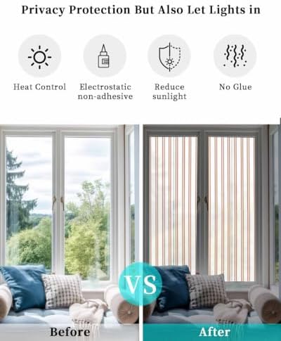 Window Privacy Film Frosted, Orange Stripes Reusable Static Cling Window Tints, Modern Minimalist Vertical Lines Heat Control Windows Films for Offices, Balcony, 29.5 x 118 Inches - Image 6