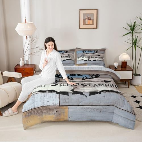 Erosebridal Camping Hunting Bedding Sets Rustic Elk Deer Down Comforter King Farmhouse Camper Theme Bedding Comforter Set for Kids Adults,Eat Sleep Hunt and Camp Quilt Set 2 Pillow Cases Grey Blue - Image 3