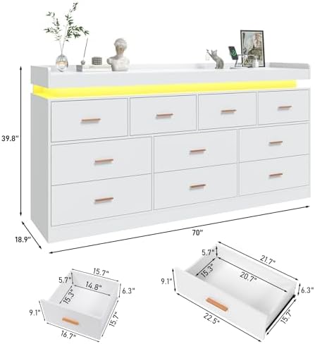 jiteentarou 10 Drawer Dresser with Charging Station and LED Lights, Modern Chest of Drawers with Power Outlet, Organizer Cabinet for, Living Room, Entryway, White - Image 2