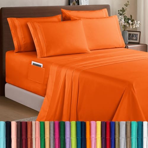 Elegant Comfort 1500 Premium Quality 6-Piece Bed Sheet Set - 18-24 Inch Extra Deep Pocket, Smart Storage Pockets, Wrinkle Free Ultra Soft 6PC Extra Deep Pocket Sheets, Full, Orange by ELEGANTCOMFORT