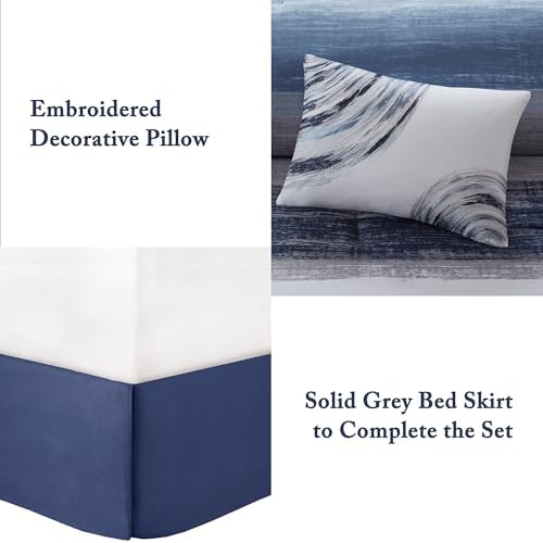 Madison Park Essentials Cal King Comforter Set, Bed in a Bag, Watercolor Print Coastal Comforter & Chambray Cotton Sheet Set, All Season Bedding, Saben, Navy Cal King (104 in x 92 in) 9Piece - Image 5