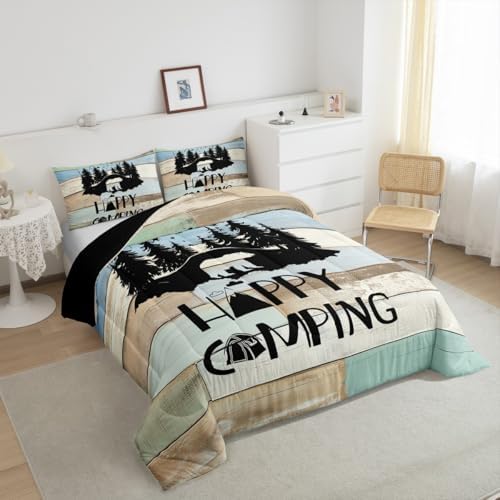 Erosebridal Kids Woodland Bear Bedding Set Happy Camping Camper Twin Comforter Set for Travel Trailers Rv Bunks Camper Quilt Set Rustic Farmhouse Barn Door Duvet Insert 1 Pillow Case Green Blue - Image 5