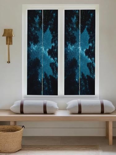 Window Privacy Film Frosted, Night Sky Reusable Static Cling Window Tints, Blue Natural Forest Trees Star River Scenery Heat Control Windows Films for Offices, Balcony, 29.5 x 118 Inches - Image 5